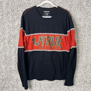 True Religion Shirt Mens Large Black & Orange Thick Stripe Crew Neck Long Sleeve